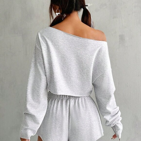 Grey Casual Women's Summer Solid Color Crop Top And Shorts Set - Picture 3 of 6